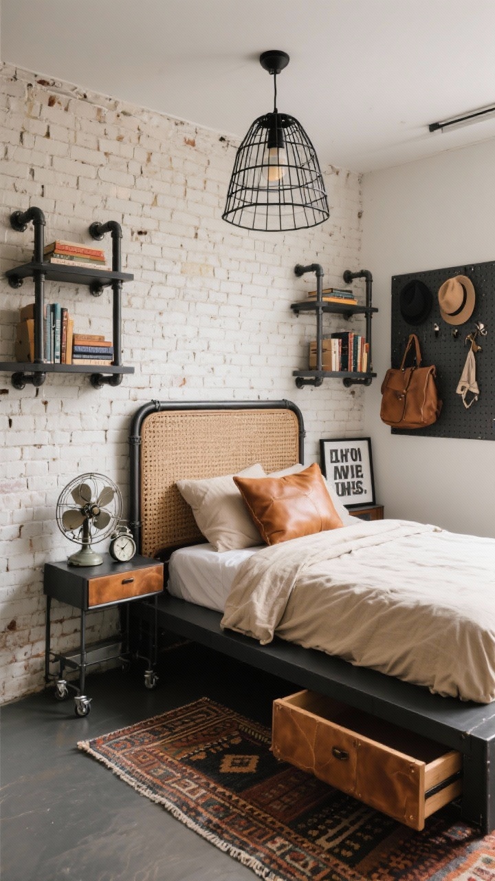 Angled corner medium shot of an urban micro-industrial bedroom nook: exposed brick wall (or limewash white faux brick) behind a queen on a black steel platform with a woven leather headboard. Pipe-frame shelves on both sides acting as hybrid nightstand-bookcases, styled with books, a vintage fan, enamel alarm clock, and metal-framed typographic art. Overhead, a black caged pendant casting a subtle grid shadow. Bedding in oatmeal linen duvet, camel leather cushions; a kilim runner layered along the bedside. Across from the bed, a mounted pegboard holding hats and bags; a rolling under-bed drawer slightly pulled out. Palette: warm brick, black steel, camel leather, oatmeal. Photorealistic, no people.