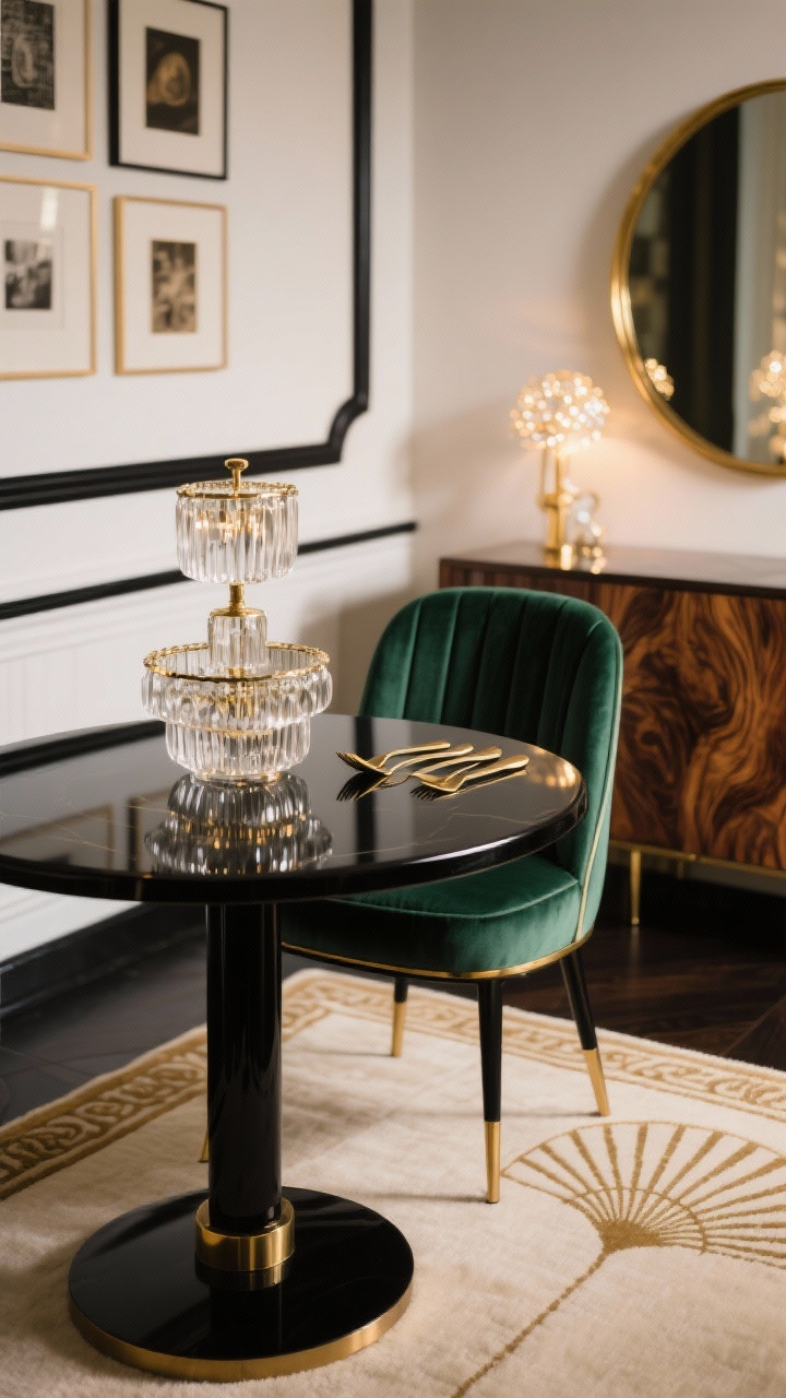 Closeup/detail shot, Art-Deco glam corner: focus on a petite high-gloss black oval table surface reflecting a tiered glass chandelier above; a velvet channel-back chair in deep emerald with slim brass legs pulled close; brushed brass flatware arranged on a cream rug with a fan-motif border peeking at the edge; background hints of porcelain-white wall with narrow black picture rail holding rotating prints and a round gilt mirror; a half-moon burled-wood bar cabinet slightly out of focus; intimate evening lighting with soft sparkle and rich sheen, photorealistic.