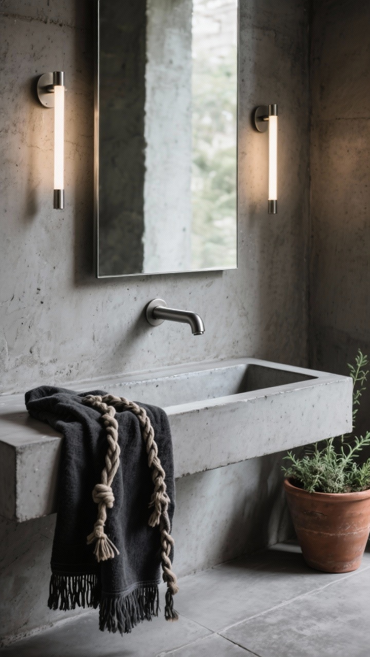 Detail closeup, Concrete Chic With Industrial Edge: monolithic concrete trough sink with integrated backsplash against concrete-finish plaster wall; brushed stainless/gunmetal wall-mounted faucet; tubular vertical LED sconces flanking a rectangular mirror edge; subtle-textured large-format concrete floor tile visible at the bottom of frame; charcoal Turkish towels with knotted fringe draped nearby; dark terracotta planter with hardy greenery adding deep green accent; cool, moody lighting with soft highlights on raw textures; photorealistic.