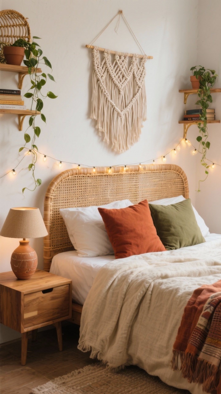 Detail closeup, earthy boho cocoon: the headboard area of a full bed with a rattan headboard under a macramé wall hanging; layered terracotta, rust, and olive pillows on a nubby cream coverlet; low mango wood nightstand with a ceramic lamp; floating corner shelves with books and a trailing pothos; warm white walls with accents of brass, cane, and clay; fairy lights draped along the headboard glowing softly at night; shallow depth of field highlighting textures of rattan, macramé, and textiles, photorealistic.