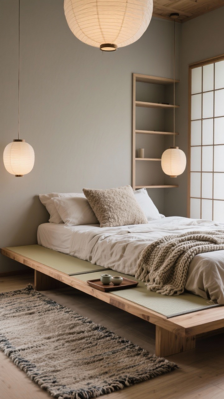 Detail closeup from a Japandi retreat: low tatami-style platform bed against greige walls, shoji-inspired sliding screens partially open revealing slim shelving; layered textures—flax linen sheets, a bouclé lumbar pillow, chunky knit throw—captured in tactile clarity; edge-to-edge flatweave wool rug visible at the base; a low ash-wood bench at the foot holding a simple tea tray; warm, calm ambience with low-hung paper lantern pendants providing gentle, diffused light; serene, balanced mood.