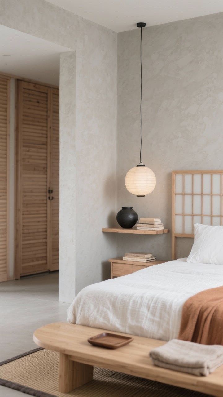 Detail closeup from a low angle of a Japandi zen corner: the light ash wood low platform queen bed with rounded corners, greige walls with a textured limewash feature behind the headboard. Two floating shoji-style shelves used as minimal nightstands; on one shelf, a sculptural black ceramic vessel and stacked neutral books. A rice paper lantern pendant on a long cord casts diffused warm light. Textiles show a warm white cotton gauze duvet with a clay-toned throw, tatami-inspired rug edge visible. Slatted bench at the foot with a tray and folded blanket; paneled wood slat closet doors in background blur. Palette: greige, ash wood, clay, matte black. Photorealistic, serene, no people.