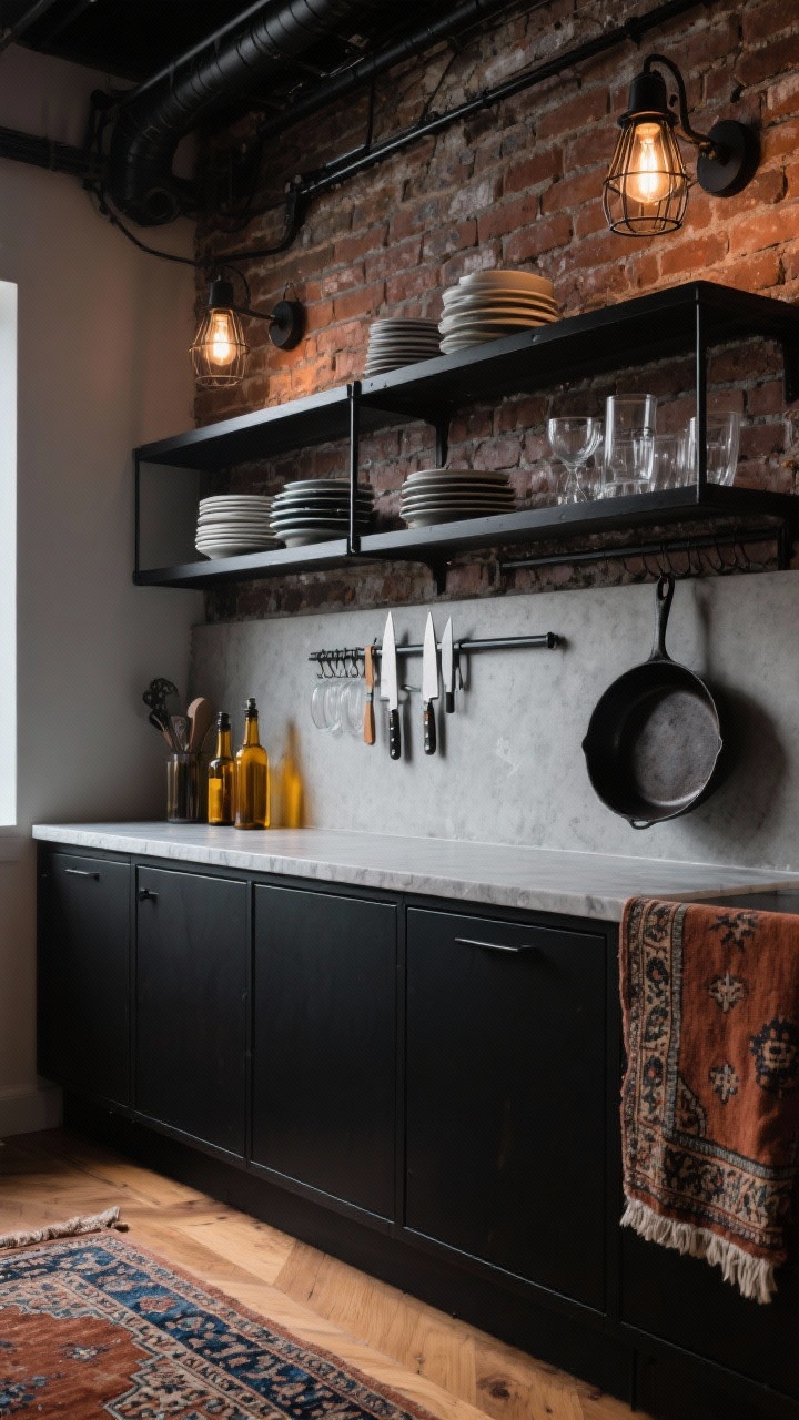 Detail closeup from a three-quarter angle: Industrial micro-loft vignette focusing on open blackened steel wall shelves with neatly stacked dishes and glassware over an exposed brick backsplash sealed matte. Below, matte black slab-front base cabinets with concrete-look quartz counters. Include a magnetic knife strip, utensil rail with hanging tools, and a cast-iron skillet displayed like sculpture. Warm-toned engineered wood floors contrast the metal. Bare-bulb cage sconces and a black track light create focused, moody highlights. Amber glass bottles for oils and a vintage Persian-style runner in rust and indigo partially visible. Urban, minimalist, evening task lighting.