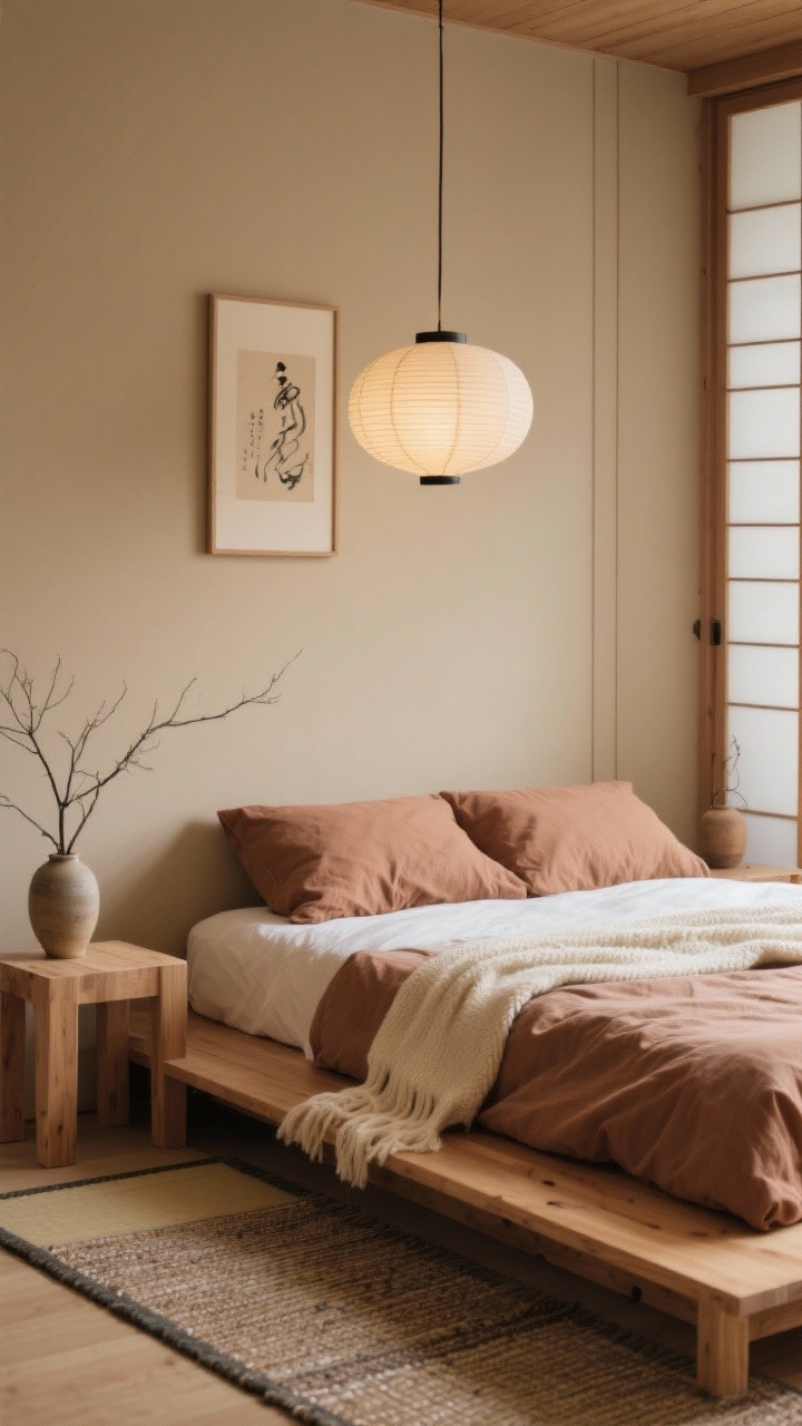 Detail closeup, Japandi platform retreat: low platform bed in natural ash with clay-colored linen duvet and a cream wool throw, captured at mattress level to highlight tactile textures; background hints of shoji-style sliding wardrobe doors; warm beige wall with a small framed ink print; a paper lantern pendant casting soft, diffused light; tatami-style mat layered with a flatweave rug at the bedside edge; two cube stools as minimal nightstands with a single ceramic vase holding branches; serene, earthy, tonal palette, photorealistic.