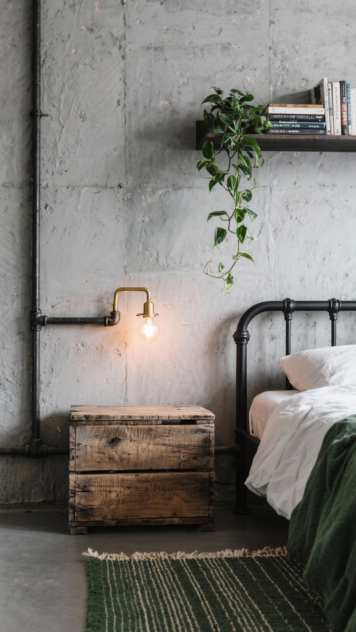 Detail closeup, Light Industrial Loft: texture study of concrete-gray or plaster-finish wall behind a black metal pipe-frame bed; reclaimed wood crate used as a bedside table showing weathered grain; exposed-bulb wall sconce with a warm brass arm glowing; a wall-mounted shelf high above with a few books and a trailing pothos plant draping down; striped flat-weave rug edge visible; palette of concrete gray, black, weathered wood, olive green; shallow depth of field, gritty yet light.