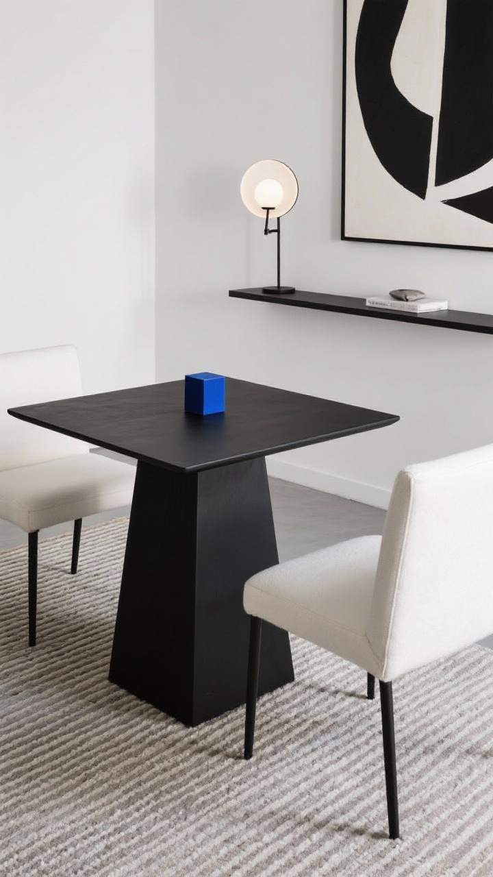 Detail closeup, Modern Minimal Cube: sculptural square pedestal table in matte black, flush to the wall, with two slim armless upholstered chairs in ivory. A floating shelf above holding a minimal object, and a minimal disc sconce with a pivot arm providing focused light instead of a pendant. One oversized abstract canvas partially visible for bold presence. Thin flatweave rug in tonal stripes elongating the scene. Color story: black, ivory, and a precise pop of cobalt (small decor accent). Clean, pristine surfaces, crisp photorealistic textures, overhead-angled detail that emphasizes geometry.