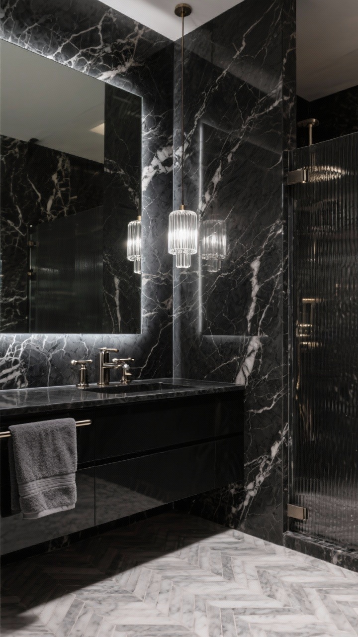 Detail closeup: Moody marble luxe vignette focusing on dramatic charcoal marble veining wrapping the vanity backsplash and edging into the shower, a high-gloss black vanity face with polished nickel fixtures, and fluted glass pendant reflections beside a beveled mirror with a subtle LED backlight halo; foreground hints of herringbone marble mosaic floor in soft grey; plush charcoal towel edge visible; lighting low and glamorous to amplify contrast and reflection.
