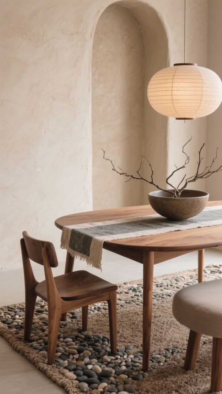 Detail closeup, Organic Japandi textures: Mushroom beige wall with gently rounded plaster corner; edge of a curved oak dining table with tapered legs meeting a nubby runner rug; low-profile oak chair and rounded end bench partially visible; matte, tactile finishes in pebble, oak, charcoal, and soft clay; shallow linen drum pendant casting a warm glow from above; linen table runner in stone with an oversized ceramic bowl holding sculptural branches; serene, soft-focus background; tight closeup emphasizing curves and material grain.