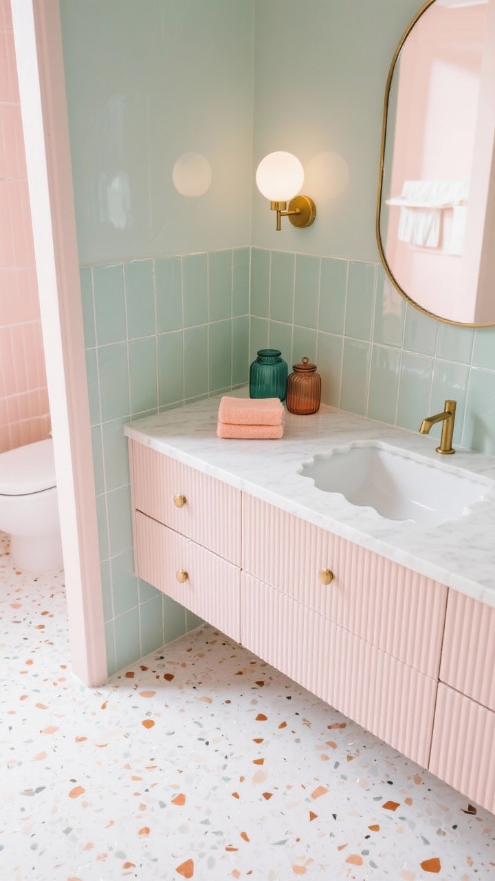 Detail closeup (overhead/angled): Soft modern pastel glam palette—blush terrazzo floor with white and terracotta chips as the hero texture; edge of soft sage glossy wall tiles laid in a vertical stack for height; glimpse of pale blush lacquered vanity with ribbed drawer fronts and white quartz top, featuring a scalloped-edge undermount sink; champagne bronze hardware and a rounded-corner mirror edge; petite dimmable globe sconce glow reflected in glossy surfaces; colored glass canisters and folded pale coral towel accent.