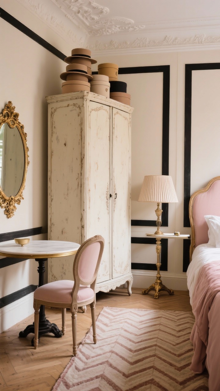 Detail closeup photorealistic composition capturing Parisian petite elegance: a vignette of a tall vintage-style armoire (cream with subtle patina) reaching toward the ceiling with stacked hat boxes on top; beside it, a petite round bistro table used as a desk with a Louis-style chair; glimpse of a narrow upholstered bed with turned legs and blush textiles; cream wall with black accents, an ornate gilded mirror and a pleated lamp shade in frame; herringbone rug underfoot; warm, softly diffused light for a romantic, chic mood.