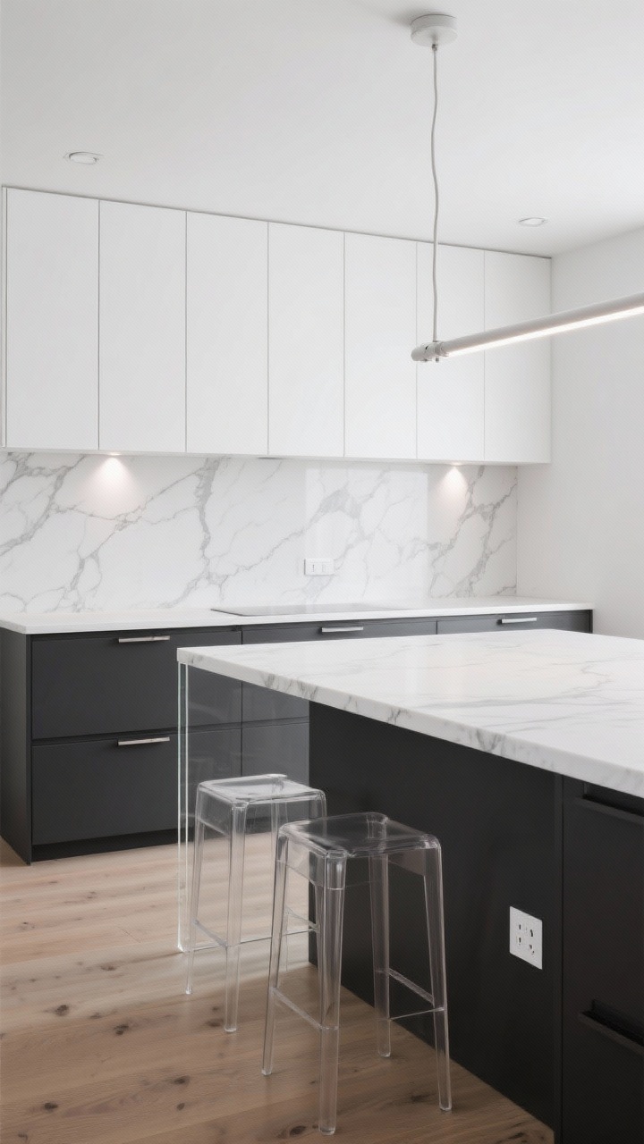 Detail-focused, low-angle photorealistic shot of a high-contrast minimalist breakfast island: a thin Calacatta-pattern porcelain slab top, one side anchored to cabinetry and the other floating on low-iron glass legs for a transparent effect. Matching full-height porcelain sheet backsplash, gallery white walls with full-height paneling replacing uppers, charcoal slab-front lowers with ultra-thin pulls. Acrylic stools that visually vanish when tucked, recessed pin spots plus a minimal tube pendant casting precise pools of light, and pale European oak flooring warming the scene. Clean, pristine mood with sharp lines and hidden USB outlets under the waterfall edge subtly implied.