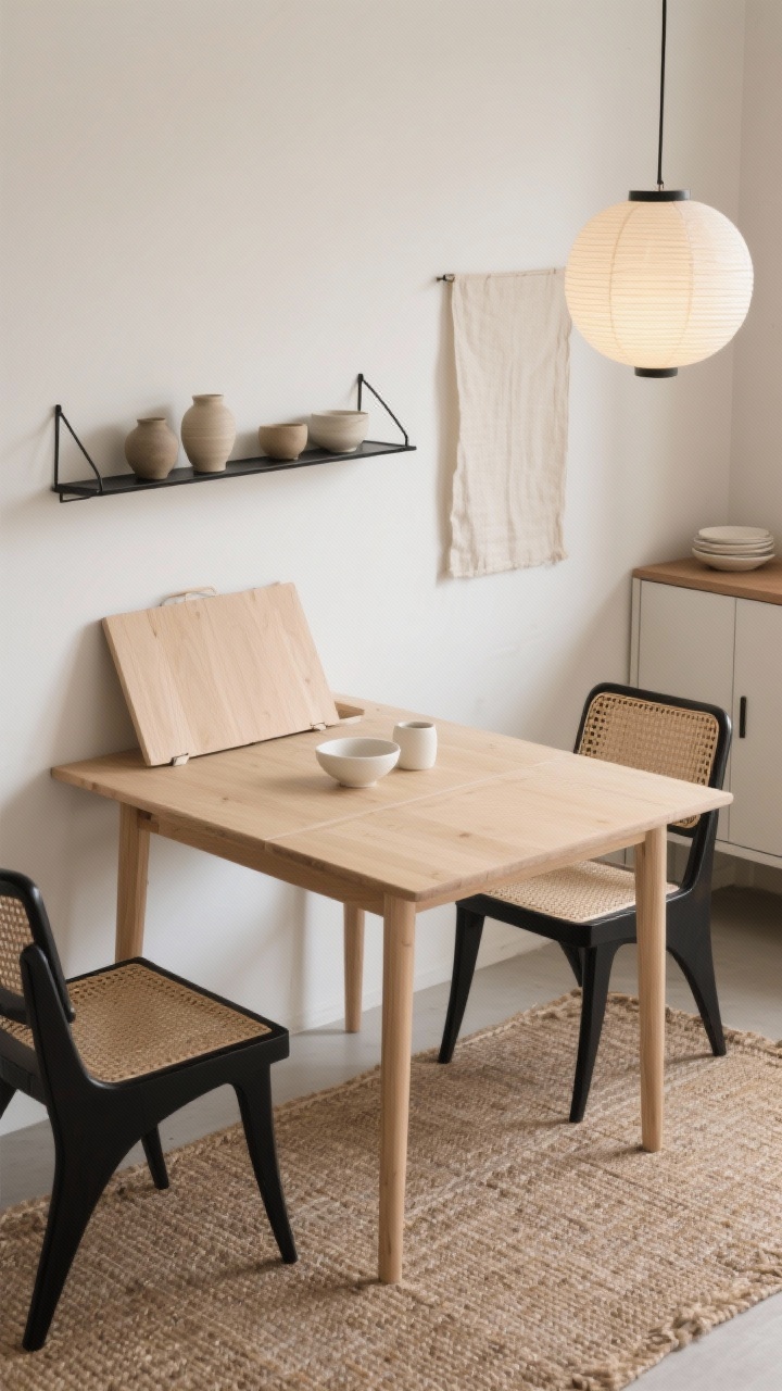 Detail/overhead shot, Japandi foldaway studio: a wall-mounted drop-leaf table in pale ash flipped down, set with minimal bone and sand-toned ceramics; two low-profile wishbone chairs with natural cord seats partially visible; warm white wall with a thin black metal wall shelf holding simple pottery; an unframed linen wall hanging adding texture; jute runner rug defining the zone; a slim handleless wall cabinet for dinnerware; paper lantern pendant casting diffuse, gentle light; restrained palette of bone, sand, and coal black accents, photorealistic.