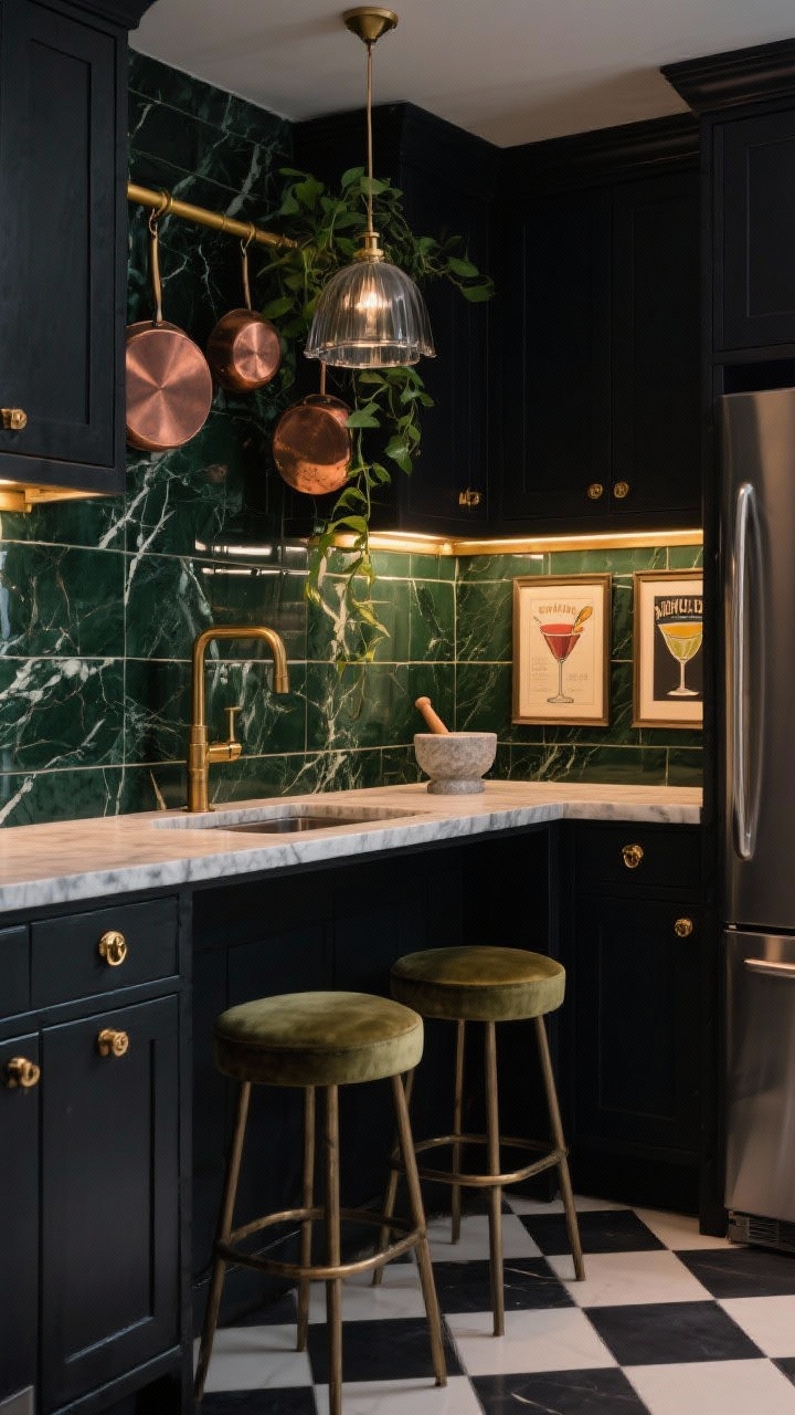 Medium corner angle: A moody jewel-box L-shaped kitchen with charcoal shaker cabinets, brass latches, and a glossy midnight-green tile backsplash. Veined black marble-look quartz countertops, an aged brass faucet, and a counter-depth fridge at the short end of the L. A narrow peninsula slab with seating for two on velvet stools, a small smoked-glass pendant above it, and warm LED under-cabinet lighting. Include a brass rail below upper cabinets with hanging copper pans and trailing pothos. Checkerboard floor in charcoal and cream vinyl tiles, with framed vintage cocktail prints and a marble mortar-and-pestle styled on the counter. Cozy, glamorous, evening ambience.