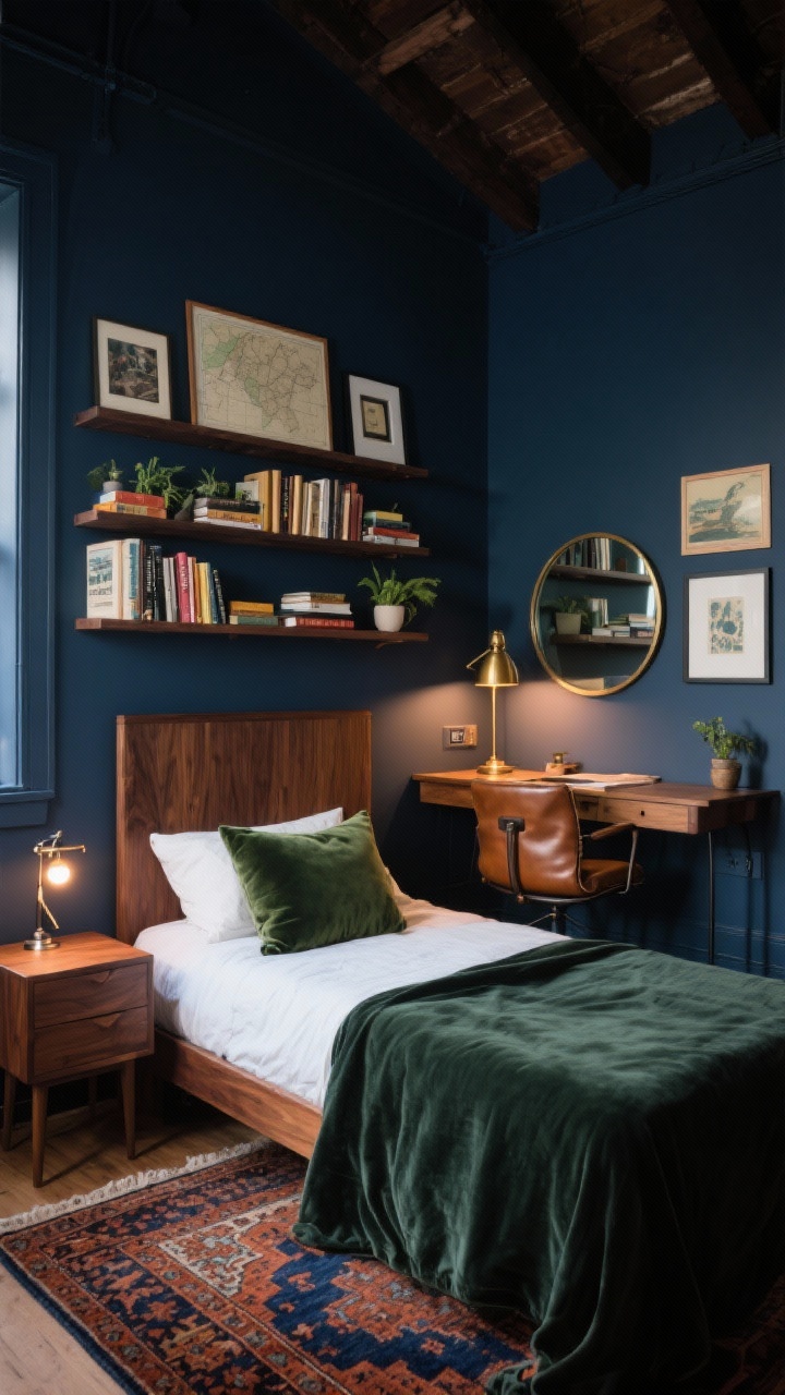 Medium corner angle, Moody Library Loft: Compact cozy bedroom with deep charcoal blue walls and a walnut bed with a taller headboard. Opposite wall shows stacked picture ledges filled with books, framed maps, small plants, and art. In a corner sits a compact corner-writing desk (30–36") with a mid-back leather chair, a brass banker’s lamp casting warm task light, and a round mirror above bouncing light. Walnut nightstands, rust-and-navy vintage-style rug underfoot, adjustable plug-in sconce by the bed, velvet throw pillow in moss. Dramatic, cocoon-like atmosphere, evening lighting, photorealistic.