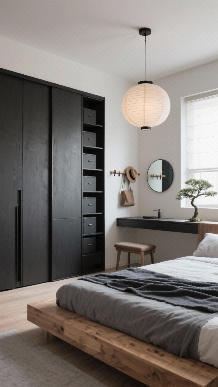 Medium corner-angle photorealistic scene of a Japandi bedroom: low-profile platform bed in natural oak with stone-gray textiles, matte black accents; a sliding-door wardrobe (doors mid-slide to show vertical organizer boxes); a slim wall-mounted desk doubling as a vanity with a round mirror above; backless bench at the foot of the bed; peg rail with a hat and bag; paper lantern pendant overhead, charcoal throw on the bed, single bonsai on the windowsill; calm, restrained lighting with soft daylight.