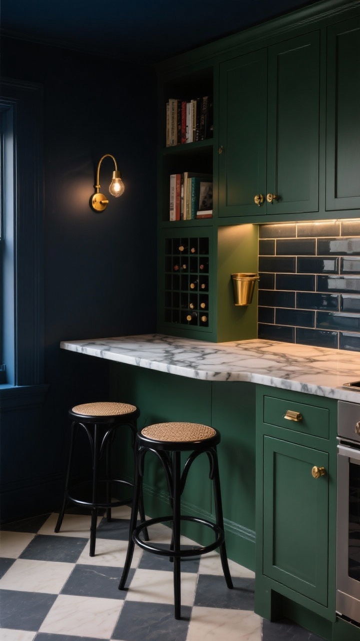 Medium corner-angle photorealistic scene of a moody bistro nook kitchen: inky blue-black walls, deep forest green cabinets with antiqued brass bin pulls, and a compact peninsula-style island base painted to match with a built-in wine cubby. Rounded-corner single-slab Arabescato marble top with dramatic veining. Beveled subway tile backsplash with dark grout, checkerboard porcelain floor tiles in charcoal and cream, two black bentwood bistro stools with cane seats tucked at the peninsula, and a petite brass gooseneck sconce above a micro bookshelf end. Low, intimate evening lighting with warm highlights on marble.