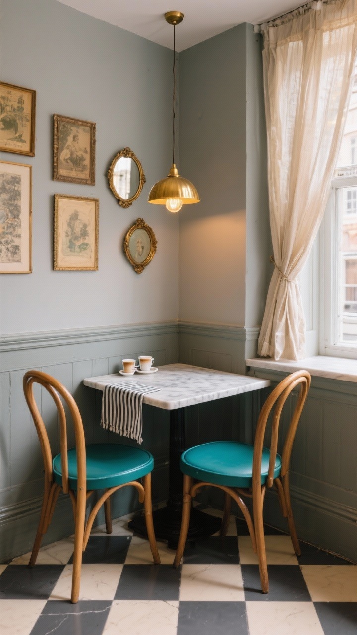 Medium corner shot, Parisian Bistro Corner: a marble-topped bistro table with two bentwood café chairs tucked into a greige-painted corner. Narrow picture ledge above holding layered vintage art and petite mirrors. Brass globe pendant overhead casting warm golden-hour shimmer. Gauzy cafe curtains filtering light at the nearby window. Checkerboard vinyl tiles in cream and charcoal on the floor. Deep teal pop on chair seats, striped linen table runner, tiny espresso cups on display. Romantic, compact café vibe, angled corner perspective.