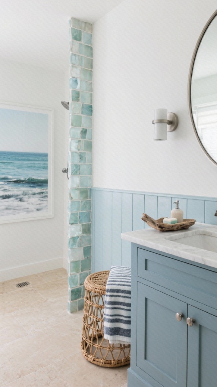Medium detail shot, Coastal Modern in Soft Blues: vertical stacked matte sea-glass shower tiles in focus with soft sheen; adjacent sand-colored porcelain floor; painted shaker vanity in muted dusty blue with satin nickel pulls and white quartz top partially visible; arched mirror rimmed in brushed nickel with simple cylinder sconces; rattan stool, striped Turkish towel draped casually, driftwood tray with sea salt soaps; oversized coastal photograph with lots of negative space blurred in background; airy, fresh lighting evoking ocean breeze.