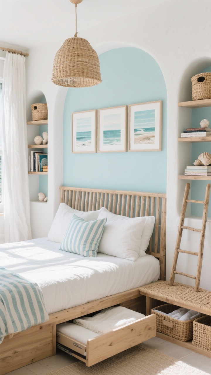 Medium photorealistic shot of a coastal capsule guest room: slatted wood daybed styled as a sofa with oversized pillows and a striped lumbar cushion, a pull-out trundle subtly visible; palette of sea-glass blues, soft whites, and driftwood tones; arched built-in shelves on either side of the bed holding lidded seagrass baskets, books, and a few ceramic shells; narrow ladder bookcase and woven storage bench with under-bench bins for linens; rattan pendant, textured white curtains, and a coastal art triptych above; bright, breezy daylight.