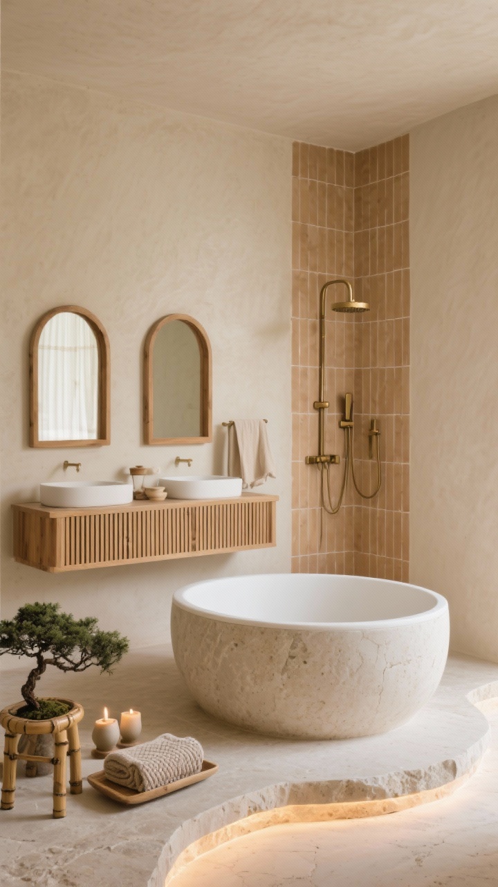 Medium shot: A serene Japandi spa retreat centered on a freestanding oval tub set atop light tumbled limestone, surrounded by soft beige plaster walls; a slatted oak floating vanity with rounded corners beneath two arched wood-framed mirrors; shower area with vertical zellige tiles in warm sand and a brushed brass rain head; accents include a bamboo stool, ceramic tea-light holders, a small bonsai, linen Roman shade, waffle towels, and a smooth stone tray; hidden toe-kick lighting casts a warm, low glow for a boutique hot spring ambiance; shot from a corner angle.