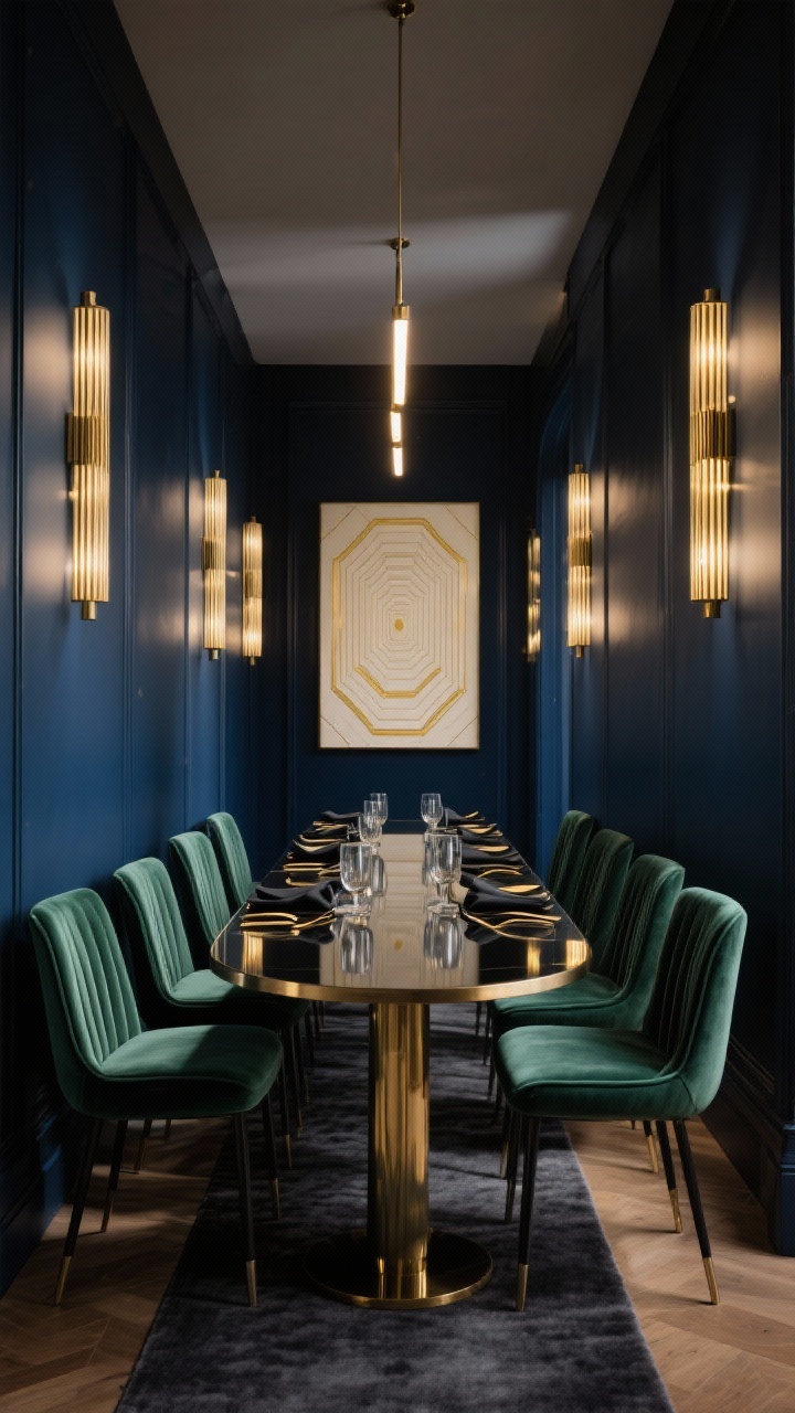 Medium shot, Art-Deco glam corridor: Moody blue-black walls with a high-gloss narrow dining table featuring rounded Deco corners; emerald velvet channel-back chairs aligned tightly; vertical brass ribbed sconces mounted along both long walls creating a glowing corridor effect; slimline LED linear pendant above; charcoal wool runner on the floor; oversized geometric print in cream and gold at the far end; tabletop styled with smoked glass chargers, gold flatware, and black linen napkins; cinematic, low, dramatic lighting; straight-on axial view.