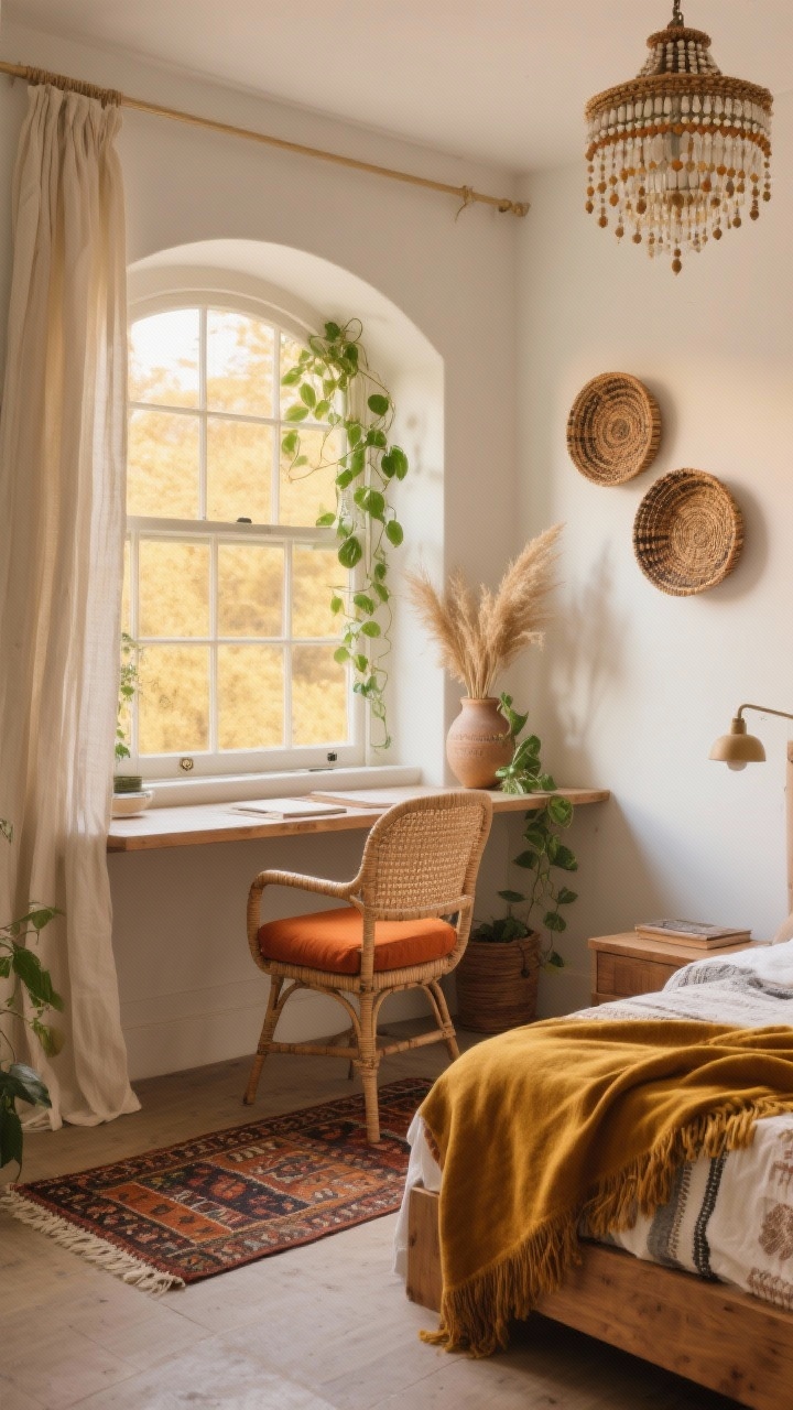 Medium shot, Boho Bay Window Office: A small bedroom with a bay window alcove converted into a ledge-style desk (14–16" depth) facing a soft golden view. A rattan accent chair with a terracotta seat cushion is pulled to the desk; a kilim runner lies underneath. The room features a low mango-wood bed, mustard velvet throw, layered textiles, a beaded chandelier, woven baskets mounted as wall art, and lightweight linen curtains flanking the window. Trailing pothos on the sill and dried grasses in a ceramic jug add greenery. Warm late-afternoon light, breezy boho mood, photorealistic.
