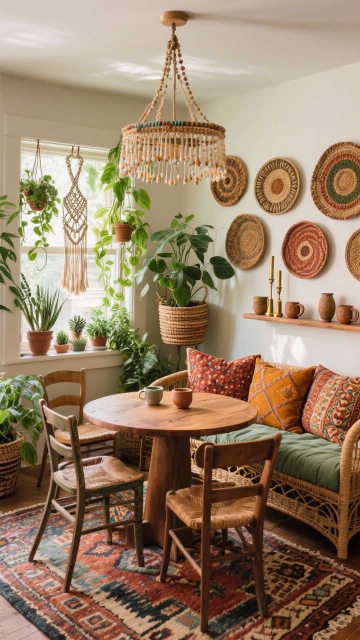 Medium shot, Boho Plant-Packed Perch: round mango wood table paired with a curved rattan settee piled with patterned cushions in rust, ochre, and sage. Mismatched vintage chairs add quirky charm. Lush greenery: macrame plant hanger above, sill lined with pothos and succulents, a floor plant in a woven basket. Beaded chandelier overhead creating soft, dappled light. Flatweave kilim rug defining the zone. Wall features a gallery of woven plates/fiber art, plus brass taper holders and hand-thrown ceramic mugs on display. Cozy, layered, collected vibe, warm afternoon light.