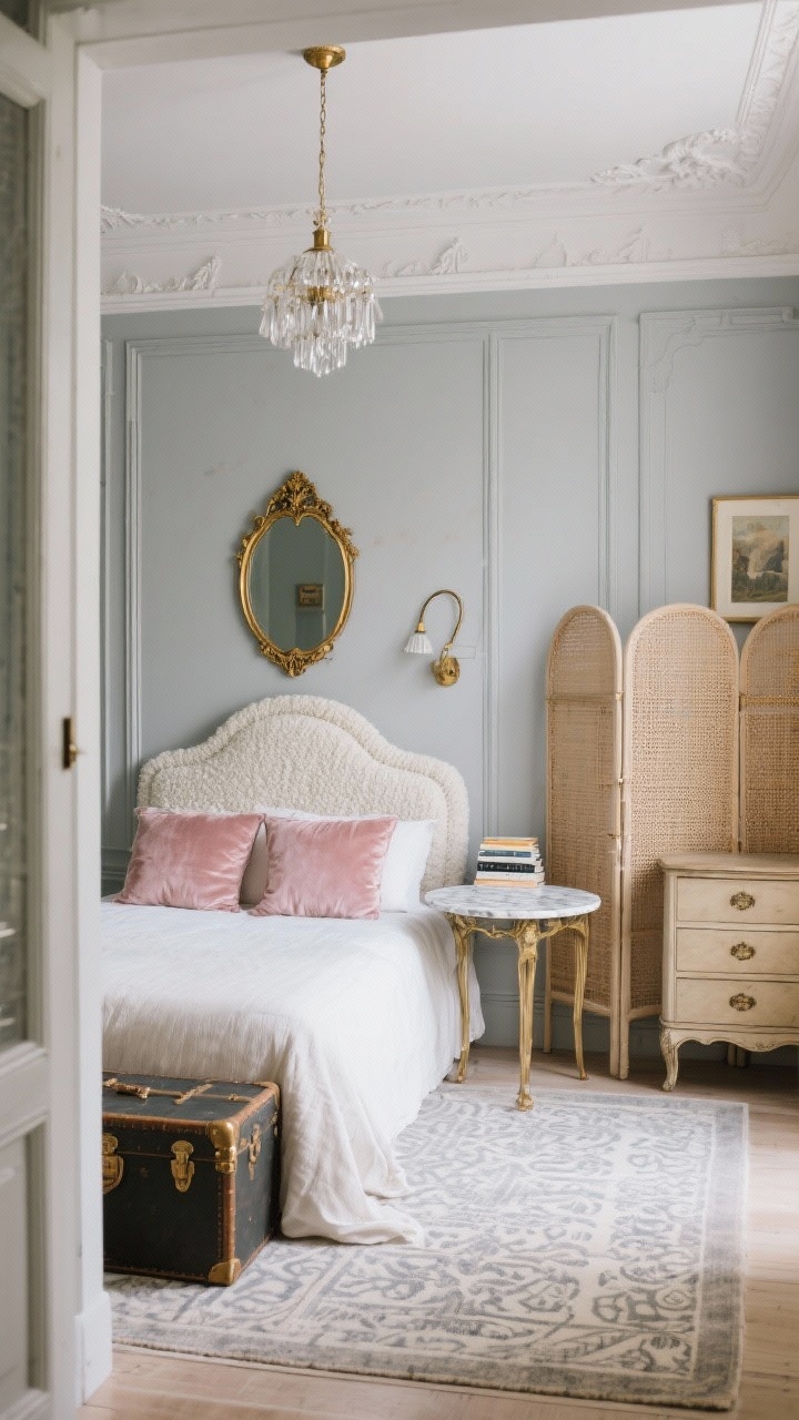 Medium shot capturing Parisian petite charm, angled from the doorway: queen bed pushed to one side beneath crisp crown molding, centered under an ornate gilded mirror. Ivory bouclé arched headboard, walls in pale dove gray with slightly deeper painted trim. On one side, a marble-topped bistro table as a nightstand with a small stack of books; on the other, a slim antique three-drawer commode. Flax linen duvet with blush velvet pillows, patterned flatweave rug. Overhead, a delicate crystal pendant; a brass picture light over framed art on the wall. Cane-paneled folding screen partly concealing a garment rack; a vintage trunk at the foot for storage. Soft, romantic lighting. Palette: dove gray, ivory, antique gold, blush. Photorealistic, no people.