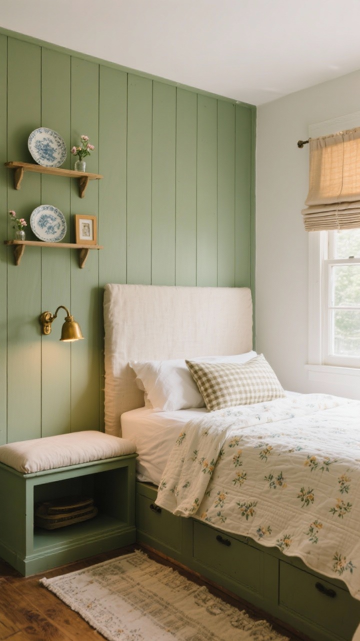 Medium shot, cottage-style slim bedroom vignette: vertical beadboard up to two-thirds of the wall painted sage green, top third in warm white; linen slipcovered headboard modestly tall; bed dressed with micro-floral sheets, cream quilt, and checked lumbar pillow; wall-mounted plate racks serving as slim shelves holding mini frames and small bud vases; shallow built-in window bench with lift-up storage and a tailored seat cushion; washed vintage-style runner on the floor and a linen roman shade at the window; warm, cozy lighting with brass swing arms and tiny pleated clip-on shades.