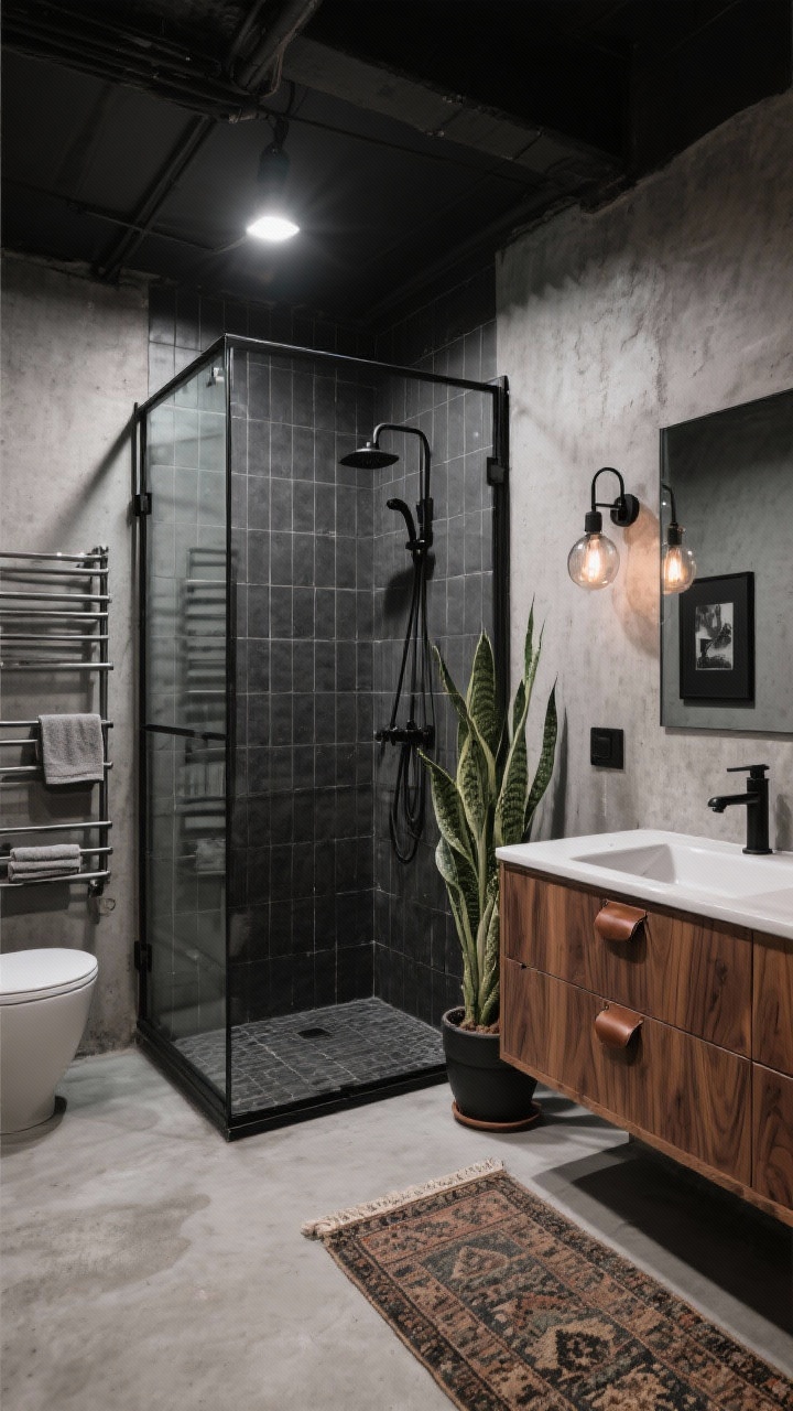 Medium shot: Industrial glass box bathroom featuring a black steel-framed shower enclosure with grid pattern and concrete-look porcelain tiles; warm walnut vanity with visible grain and leather drawer pulls, topped by a rectangular vessel sink and wall-mounted matte black faucets; exposed-bulb sconces with smoked glass add moody light; microcement seamless floor; extras: metal ladder towel rack with towels, black framed art, vintage rug runner; add a tall potted snake plant for vertical green; shot from a corner perspective.