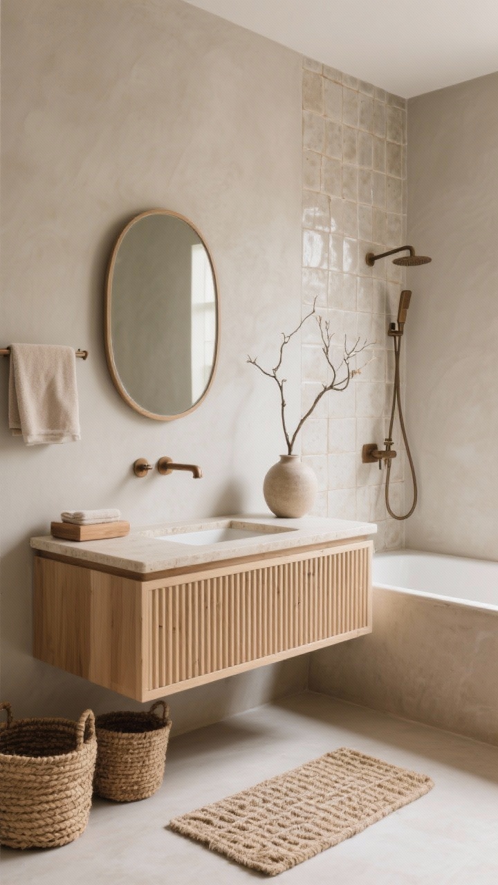 Medium shot, Japandi Serenity Suite: ribbed-front floating vanity in light ash wood with a thin-edge warm beige stone counter; soft greige clay-painted walls; matte zellige tile shower providing handcrafted texture; framed pill mirror with rounded edges; compact soaking tub; wall-mounted faucet in brushed bronze; seagrass baskets, cedar bath mat, subtly patterned linen towels in sandy neutrals; a single branch in a stoneware vase; calm, minimal styling with diffused natural light; slight corner perspective.