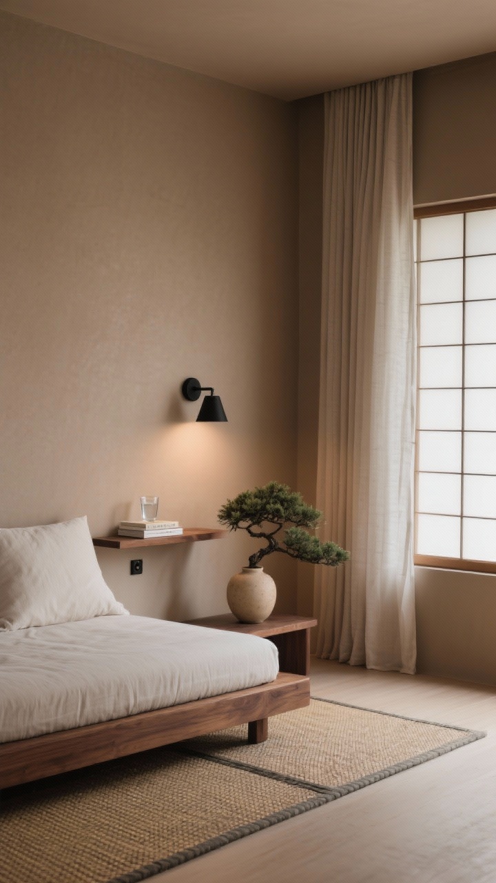 Medium shot, Japandi Zen Retreat: matte clay walls and a futon-style low walnut bed; built-in wall shelf at pillow height holding a glass of water and a book; woven tatami-style mat beneath bed; a single bonsai in a simple ceramic vase on the shelf; linen curtain filtering light like a shoji screen; palette of clay, walnut, black accents, bone white; a minimal black sconce with dimmer casts a calm evening glow; corner angle, serene and grounded.