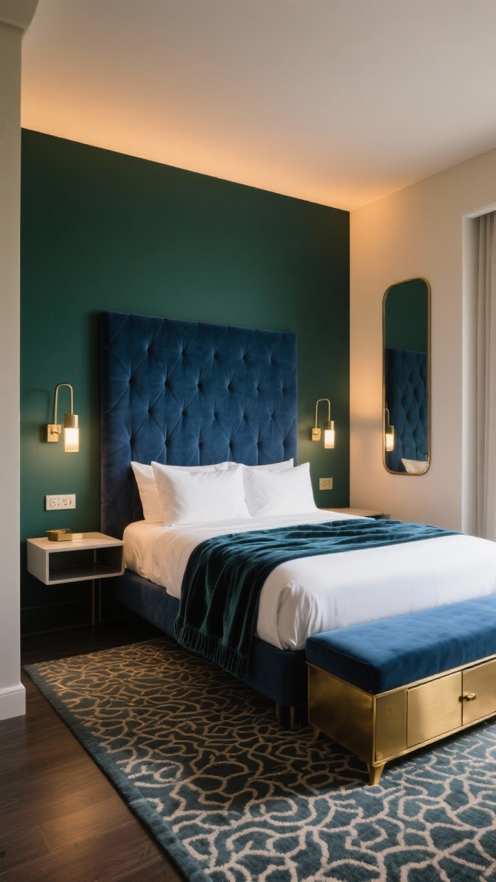Medium shot, luxe hotel nook: a compact bedroom with a queen bed and a channel-tufted headboard in midnight blue, flanked by slim floating nightstands; headboard wall painted in deep inky green while other walls are warm off-white; plug-in swing-arm sconces above each nightstand; bedding includes crisp white sheets, a plush duvet, and a folded velvet throw at the foot; low-pile patterned rug extending 18–24 inches around the bed; a lift-top storage bench at the foot; brushed brass accents and a smoky mirror; warm layered evening lighting, corner angle, photorealistic boutique-suite feel.
