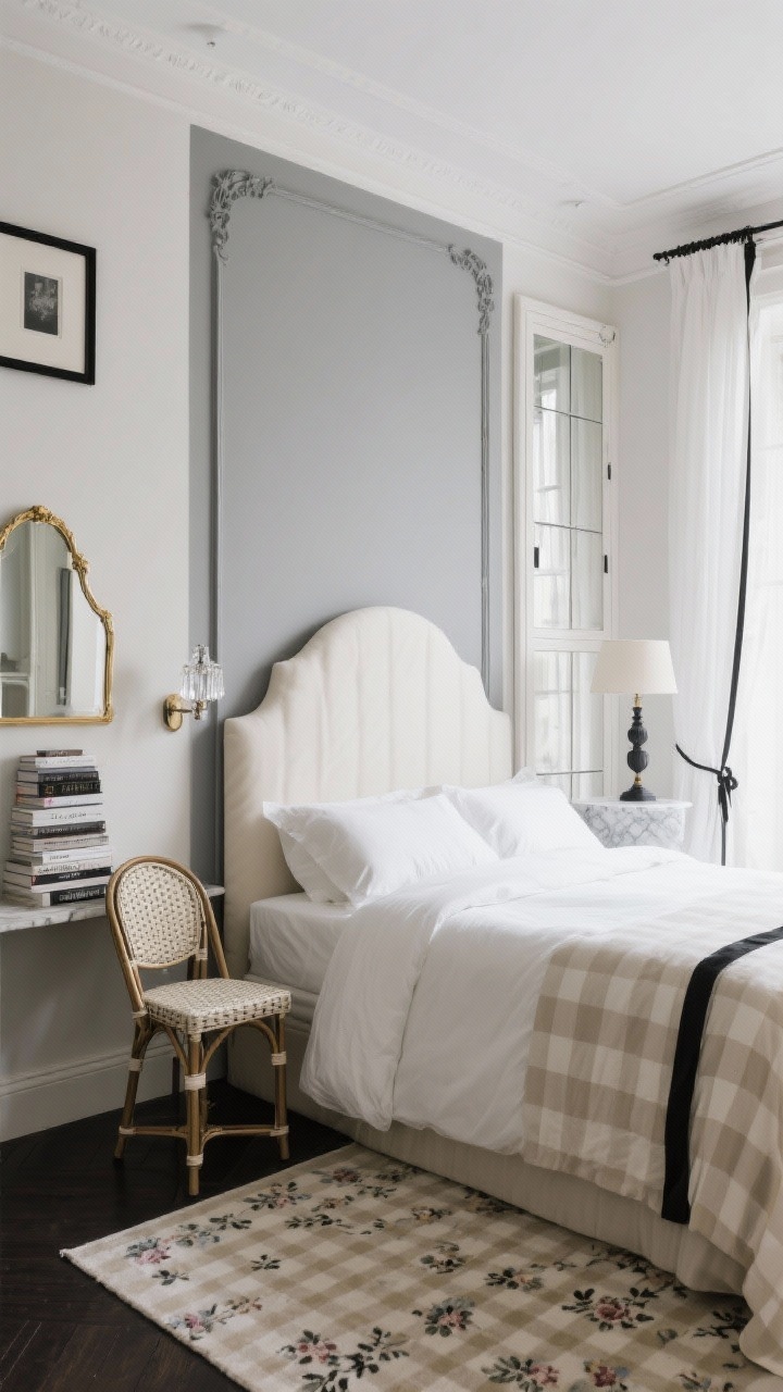 Medium shot, monochrome Parisian ensuite: a double bed with a rounded upholstered ivory headboard, layered tone-on-tone neutrals in ecru, cream, and dove gray; black picture-frame molding on one wall for architecture; a tall armoire with mirrored doors reflecting light; petite plug-in crystal sconce on one side of the bed and a marble-shaded table lamp on the other; classic check or subtle floral 5x7 rug underfoot; café curtains in white voile with black ribbon trim; a small bistro chair as a catchall; a vintage-style gold-framed mirror and a narrow console stacked with coffee-table books; soft daylight, straight-on view, photorealistic Parisian charm.