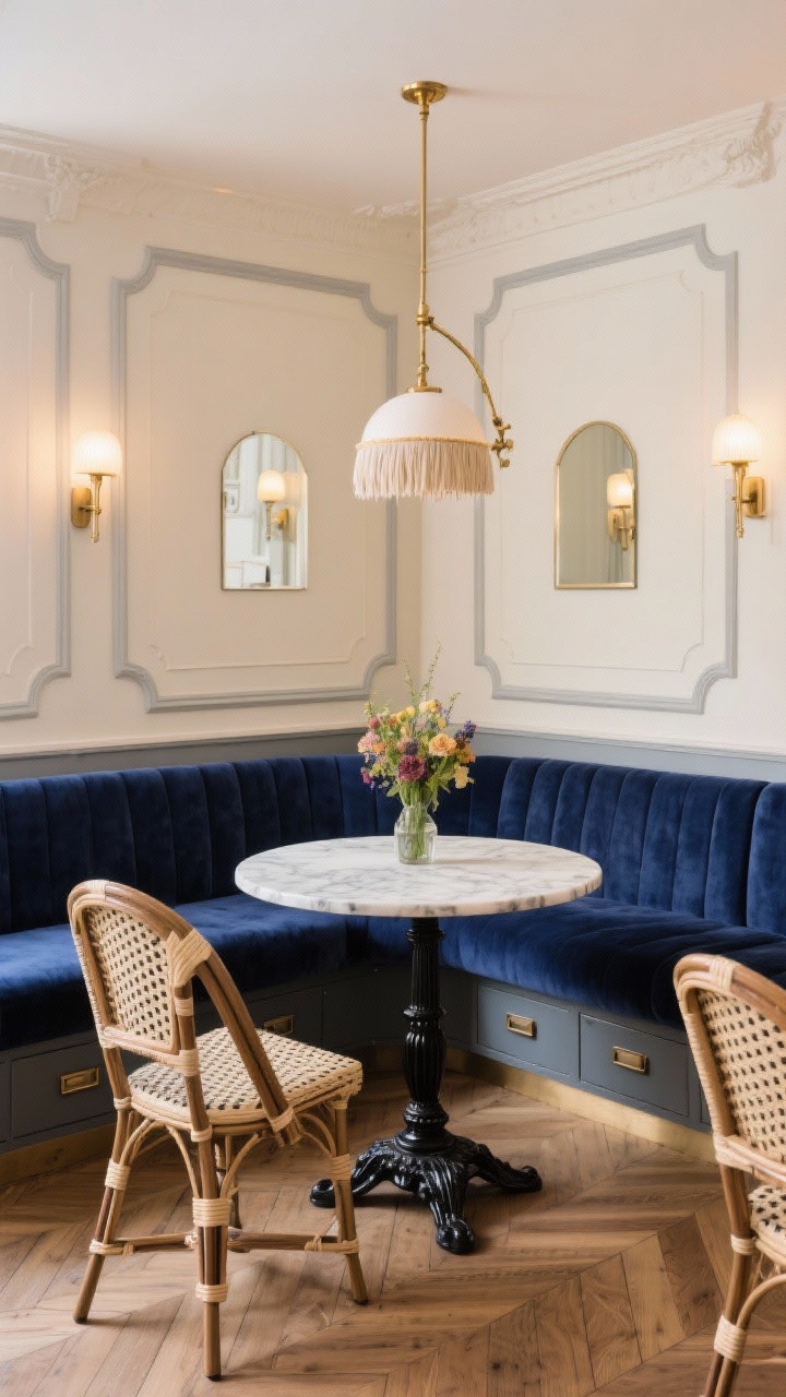 Medium shot, Parisian bistro banquette: a U-shaped ink-blue velvet banquette with hidden drawers beneath, hugging cream walls with delicate picture-frame molding and a hint of gray; a compact marble-topped pedestal table with black cast-iron base centered, flanked by two cane-back café chairs that tuck in; fringe-trim globe pendant above and slim brass swing-arm sconces on either side; petite café mirrors reflecting light, herringbone wood flooring; a small vase of market flowers on the table; soft warm lighting, chic and storage-smart, photorealistic.