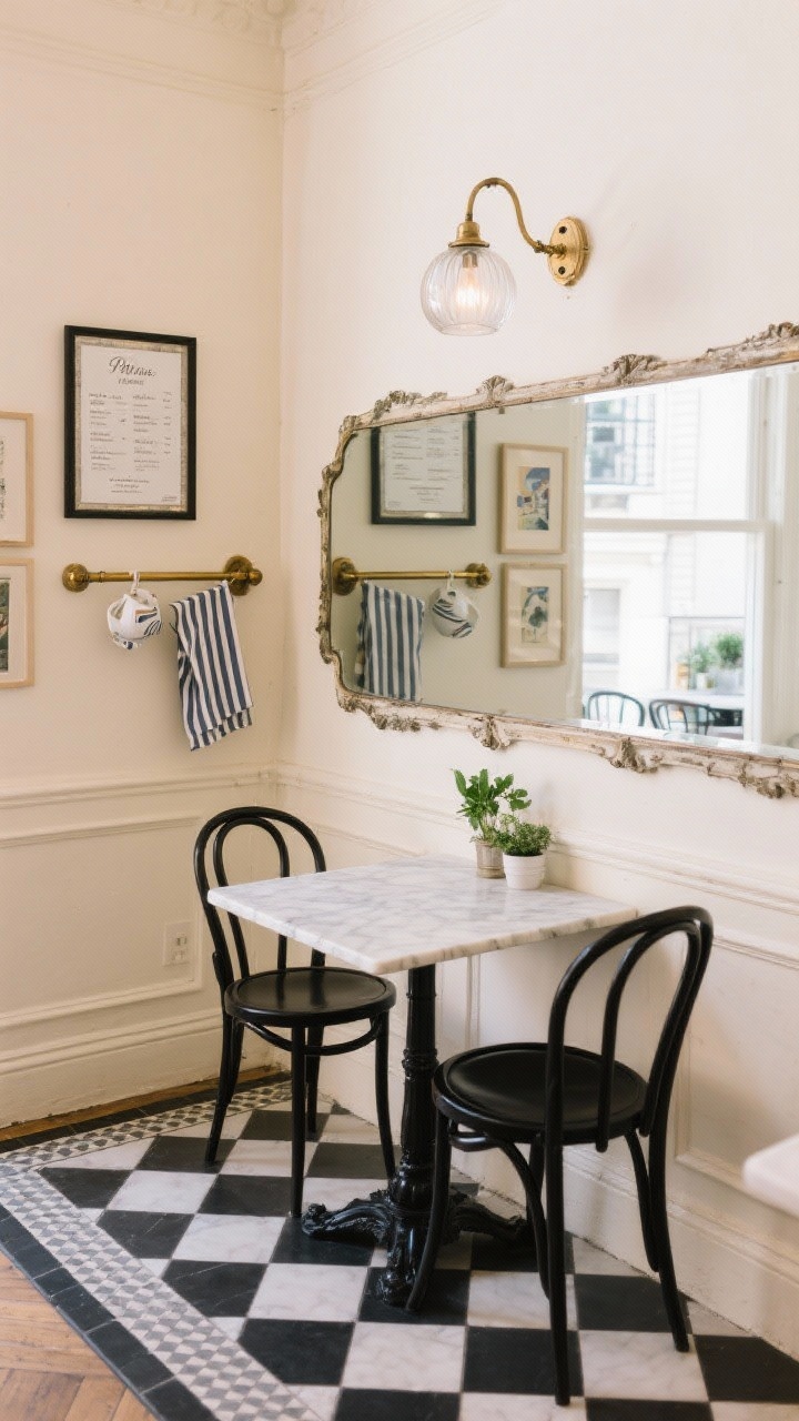 Medium shot, Parisian bistro: Soft cream walls with a full antiqued mirror panel along one long wall reflecting a slim marble-topped café table (two pushed together for length) with black bentwood chairs; a vintage brass rail mounted nearby holding tea towels and a framed menu board; small-scale black-and-white checkered tile rug/inlay centered under the table; petite glass globe pendant above and a wall-mounted swing-arm sconce; accents of striped linens, potted herbs, and café art prints; chic, bright, charming ambience; straight-on view capturing mirror depth.