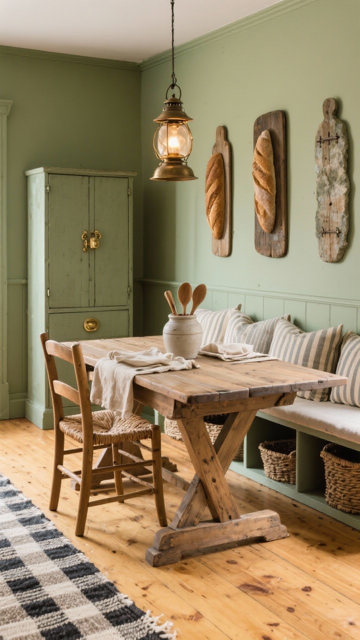 Medium shot, rustic farmhouse pull-up: a compact weathered-oak drop-leaf farmhouse table partially expanded, with ladder-back chairs with rush seats; along one wall, a slender storage bench with striped cushions and baskets tucked underneath; walls painted muted sage green; a petite apothecary cabinet with antiqued brass hardware; overhead, a small bronze lantern pendant casting warm glow; honeyed wood floor with a flatweave kilim; buffalo check runner on the table, flax linen napkins, a trio of vintage breadboards as wall art, stone crock with wooden spoons; cozy, timeworn textures, photorealistic.