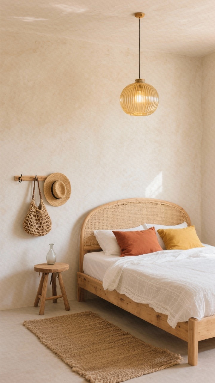 Medium shot, Warm Minimal Mediterranean: limewash walls in sandy beige with sun-kissed texture; simple pine bed frame paired with a curved rattan headboard; low wood stool as the only nightstand with a small carafe; off-white gauze bedding with terracotta and mustard pillows; jute rug on the floor; a single wall hook rail holding a woven bag and straw hat; ribbed glass pendant casting soft golden light; warm, airy ambiance, slight corner angle.