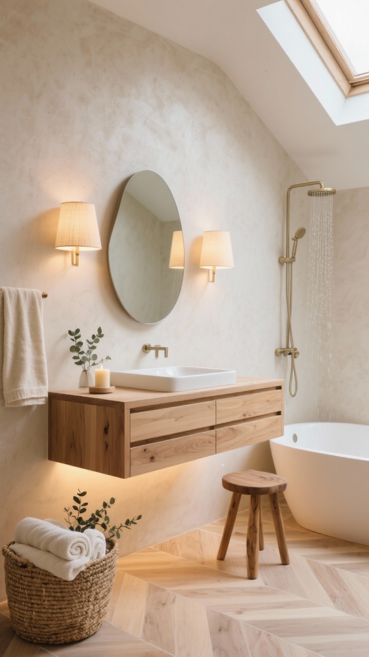 Medium shot, Warm Wood Scandinavian Spa: floating oak vanity with clean slab fronts and finger-pull grooves, warm underglow; pale oak-look porcelain floor in soft chevron; creamy microcement walls; organic oval mirror flanked by two linen-shaded sconces casting warm light; glimpse of a freestanding white tub under a skylight with ceiling-mounted rain shower nearby; styled with rolled ecru towels, a woven basket for bath sheets, and a small teak stool holding eucalyptus and a candle; hardware in brushed nickel/champagne; serene, spa-like mood; corner angle.
