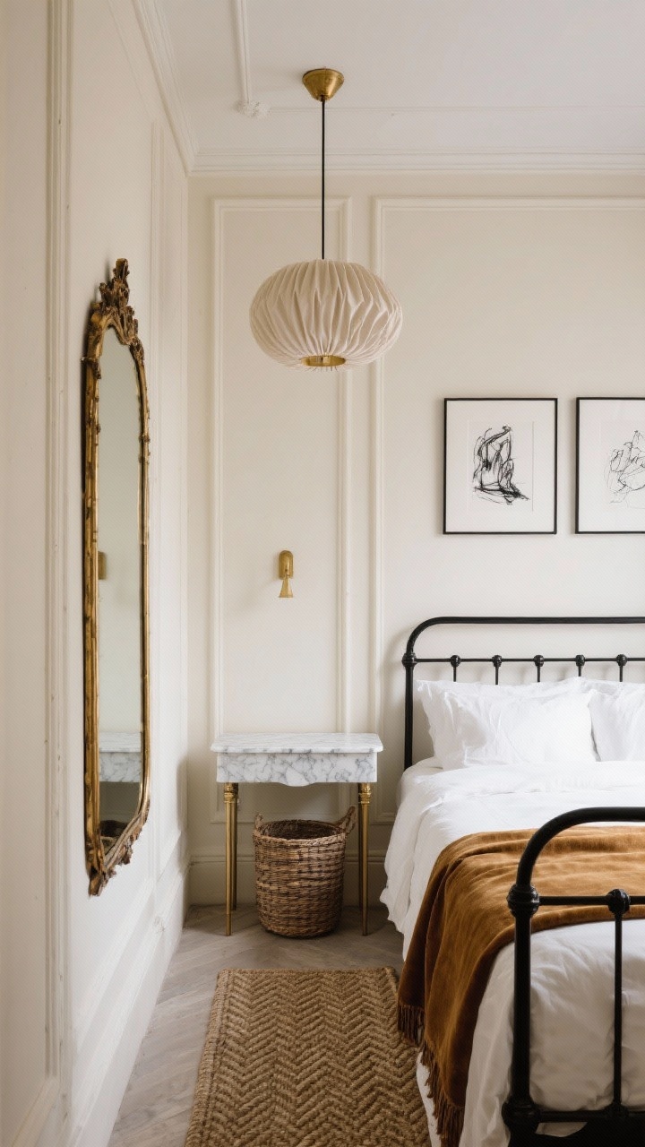 Medium, straight-on view of a Parisian-inspired narrow bedroom wall: creamy walls with skinny picture-frame molding, black iron bed frame dressed in crisp white duvet and camel velvet throw; alongside, a slender marble-topped console used as a nightstand with a basket tucked below; on the adjacent wall, a full-height antique-style mirror with a thin brass frame reflecting light down the room; pleated fabric pendant overhead and brass pin-up sconces; herringbone jute runner on the floor and two black-and-white sketches above the bed; high contrast, chic, softly lit.