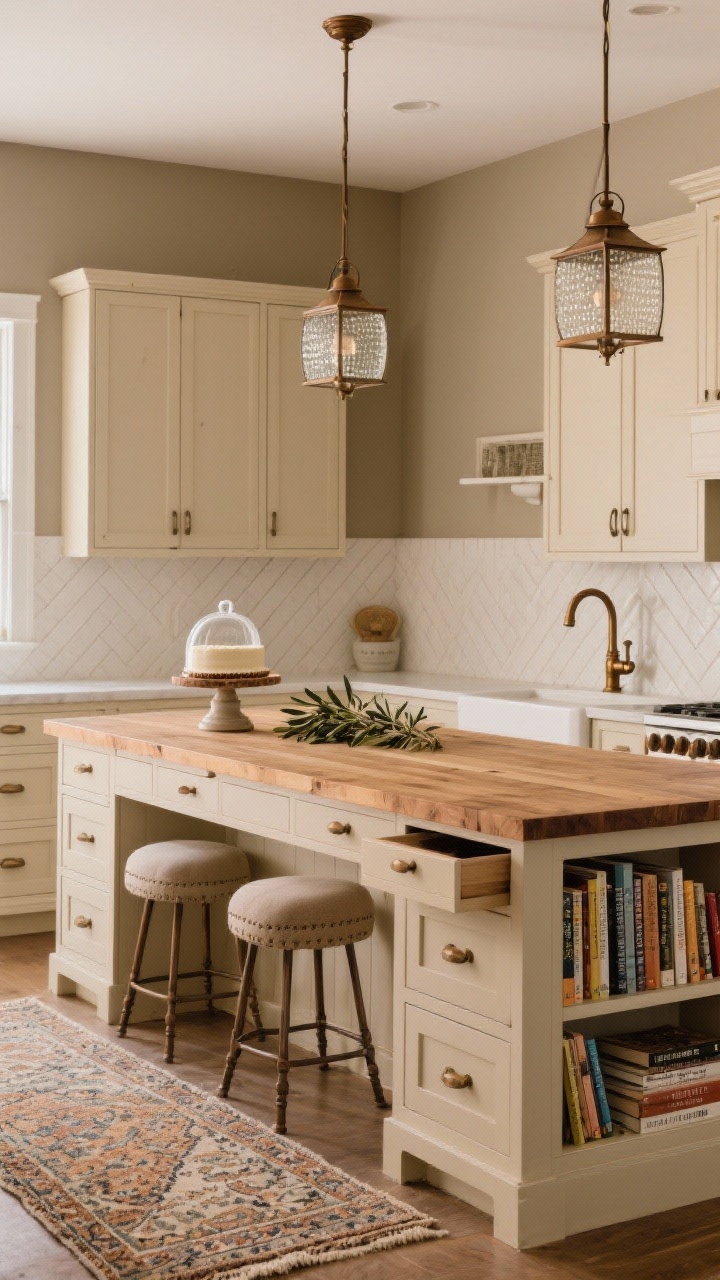 Medium straight-on vignette of a warm modern farmhouse island: storage-heavy butcher-block top, deep pot drawers, pull-out trash, and an end-cap bookcase displaying cookbooks, with a counter-height overhang hosting two cushy stools. Surrounding elements include almond cream shaker cabinets, aged bronze hardware, soft taupe walls, and a v-groove panel backsplash. Seeded glass lantern pendants in bronze overhead, a bridged bronze faucet with white lever handles nearby, a vintage-look Persian runner underfoot, and decor of olive branches in a stoneware crock beside a cake stand with cloches. Soft, warm ambient light.