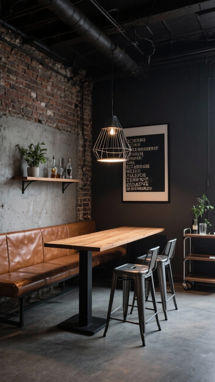 Medium-to-wide, Industrial Loft Nook: slim rectangular wood table with matte black legs pushed against an exposed brick wall. A low-back cognac leather bench on one side; two metal café stools on the other, sliding under the table. Moody palette of charcoal, cognac, and weathered oak. Overhead caged linear pendant echoing geometry. Large black-framed typographic print on the wall; concrete-look wall shelf holding a couple of plants and barware. A slim bar cart nearby for extra storage. Edgy, loft-like feel with evening ambient lighting and directional pendant glow.