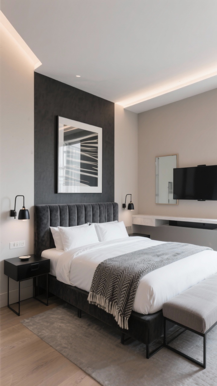 Medium-wide boutique hotel–style bedroom, angled corner view: queen bed with channel-tufted charcoal velvet headboard on a simple black metal platform base, walls in soft taupe with a moody darker accent wall behind the bed. Sleek floating nightstands and matte black swing-arm sconces flanking the bed. Oversized statement art above the headboard. Crisp white sheets, stone-gray duvet, herringbone wool throw folded neatly. Opposite the bed, a frameless wall-mounted TV over a low floating console; a slim upholstered bench at the foot. Warm white ambient lighting with subtle reflections on matte finishes. Palette: charcoal, taupe, black, warm white. Photorealistic, no people.