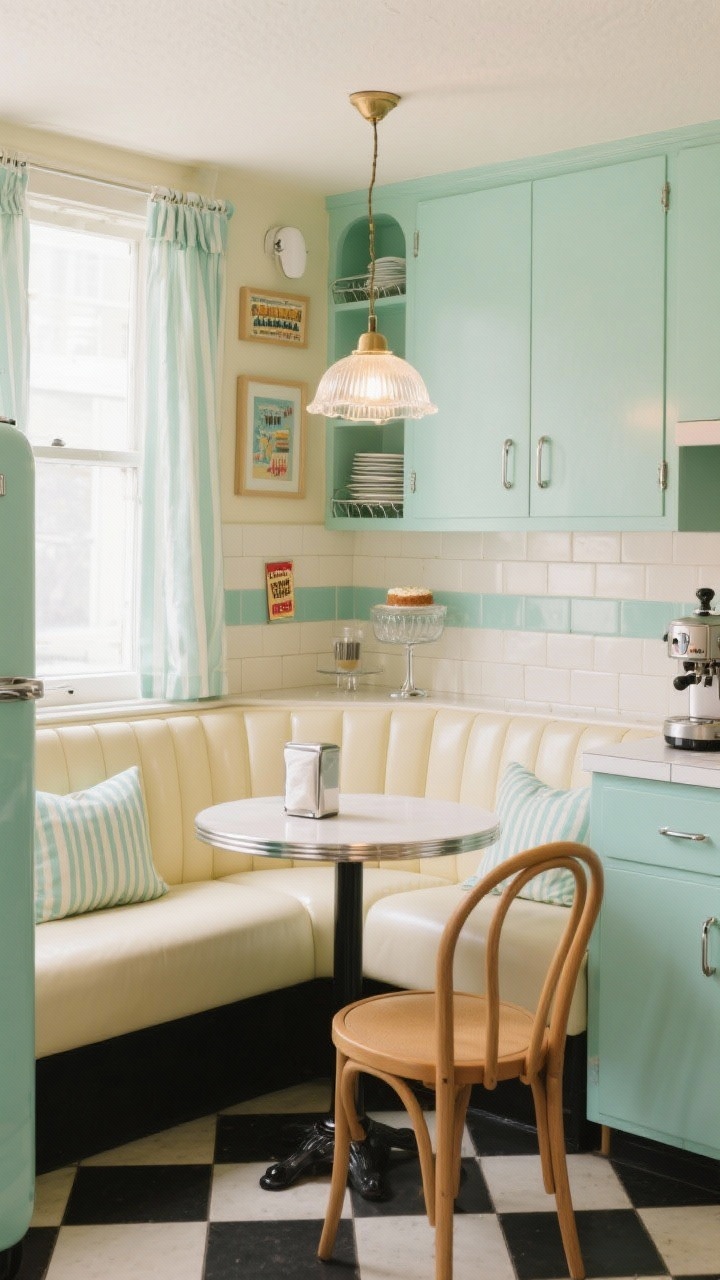 Medium wide, diagonal corner view: Retro café corner with a custom L-shaped banquette in buttercream vinyl, pinstriped cushions, and a small round bistro table paired with a single bentwood chair. Opposite wall features mint-green cabinets with chrome pulls, counters in white laminate with chrome edging, and a retro-style pastel fridge. Checkerboard tile backsplash in cream and mint topped by a narrow open plate rack. A milk-glass schoolhouse pendant glows above the table, with a petite sconce near the sink. Style with café curtains, a chrome napkin holder, framed matchbook art, a tiny counter-height espresso machine, and a glass cake stand. Soft, nostalgic morning light.