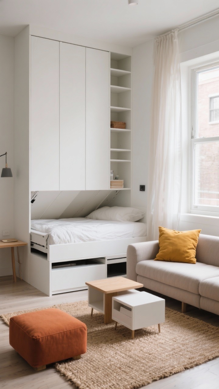 Medium-wide photorealistic shot of a convertible studio bedroom by day: white panel-front Murphy wall bed in the upright position with integrated shelves and a fold-down side table deployed; compact modular loveseat facing a nesting coffee table set (one table partially tucked); slim console under the window; hidden compartments implied in the wall unit and a lift-top ottoman nearby; decor includes terracotta and saffron throw pillows, a jute rug, and airy sheer curtains; bright, flexible, micro-loft feel with soft natural daylight.