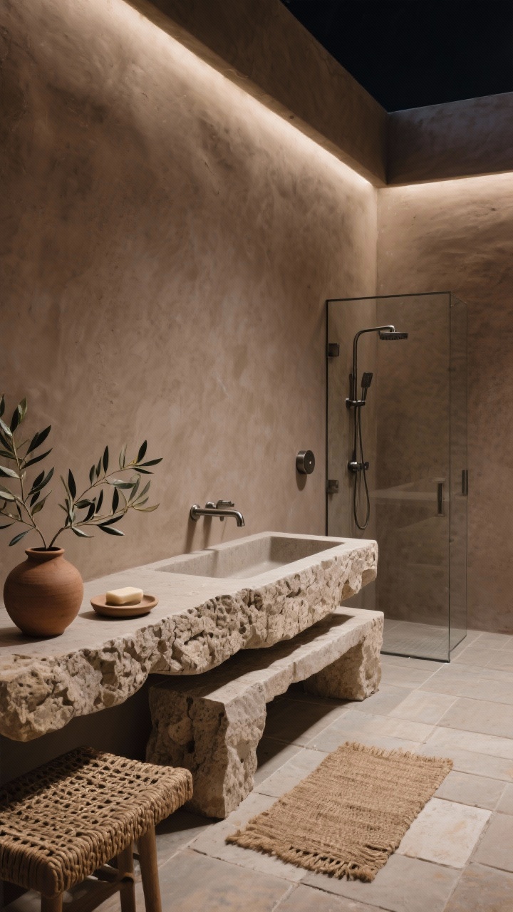Medium-wide shot: Earthy modern bathroom with textured stone—chunky textured travertine vanity with an integrated trough sink as the focal point; warm taupe microcement walls seamless and soft; brushed gunmetal fixtures; frameless shower with a matching travertine bench; honed limestone floor in large rectangular pattern; accents include olive branches in a clay vase, a hand-thrown soap dish, and a woven jute mat; nighttime setting with recessed wall washers grazing the plaster to highlight texture; camera straight-on with slight downward tilt.