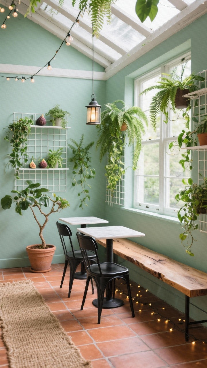 Medium-wide shot, indoor garden conservatory: Sage-painted walls with white metal grid shelves mounted high holding trailing plants; along the window side a slim live-edge wood bench; two narrow bistro tables pushed into a rectangle with lightweight matte-black metal chairs; terracotta-look porcelain plank flooring with a sisal runner; string micro-lights across ceiling beams and a small lantern pendant above; greenery including ferns, pothos, and a fig tree in a clay pot; bright, fresh daylight; corner angle to show bench-and-bistro mix and vertical plant height.