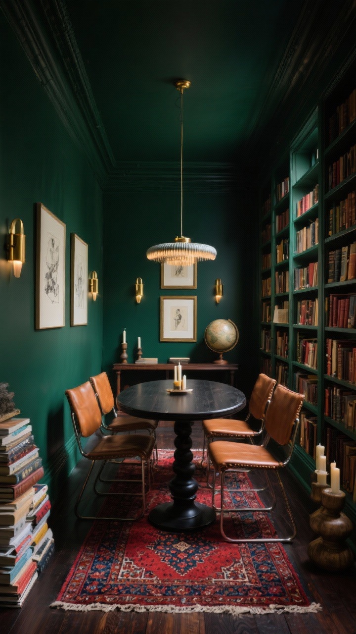 Medium-wide shot, moody library dining: A narrow room enveloped in deep ink green satin paint with ceiling-height built-in bookcases lining both long walls; a slender oval pedestal table in black-stained wood centered with four cognac leather sling chairs tucked neatly; brass picture lights mounted on the shelves and a linear chandelier above; Persian-style runner in rich reds and blues on dark wood floors; décor includes stacked books, framed sketches, a vintage globe, and chunky candleholders; intimate, dramatic, low warm lighting; corner angle view.