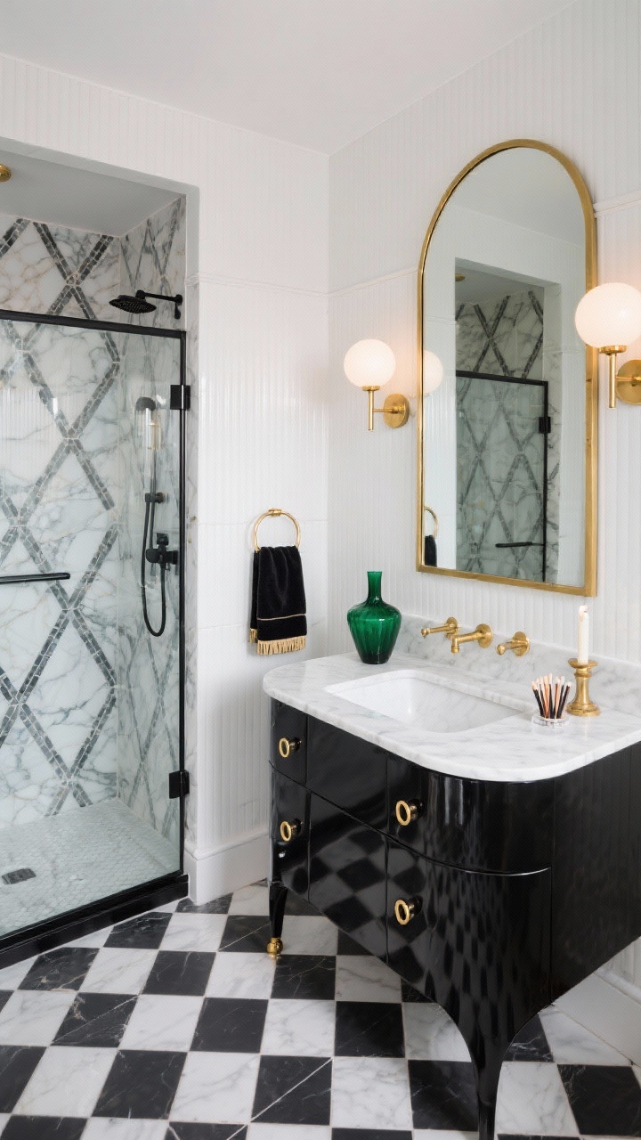 Overhead and partial straight-on hybrid detail, Bold Geometric Art-Deco Revival: striking black-and-white hex tile floor in a bold geometric pattern; vertical white fluted wall tile meeting the floor; high-gloss black vanity with curved front, brass ring pulls, and a thin white marble top; large arched brass mirror above with twin opal globe sconces glowing warmly; shower with black metal threshold and clear glass featuring a geometric marble mosaic panel; accessories include black-and-brass hardware, velvet-trimmed hand towel, small pedestal with candle and matches; a single deep emerald vase as a color pop; photorealistic, glam mood.