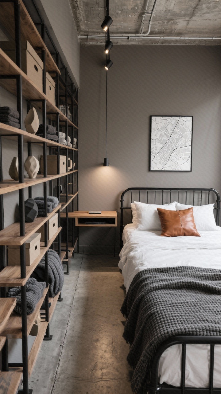 Overhead/angled wide shot of an urban loft narrow bedroom: warm gray walls, matte black metal bed with a simple headboard, crisp white bedding topped with a cognac leather throw pillow and graphite waffle blanket; along one long wall, floor-to-ceiling black grid shelving with oak shelves, lightly styled with storage boxes, sculptural objects, folded sweaters, and an integrated slim desk shelf doubling as a nightstand/workstation; single-rail track lighting washing the shelving with some heads pivoted toward the bed; concrete-look runner underfoot and a framed city map above the bed; clean, industrial, photorealistic.